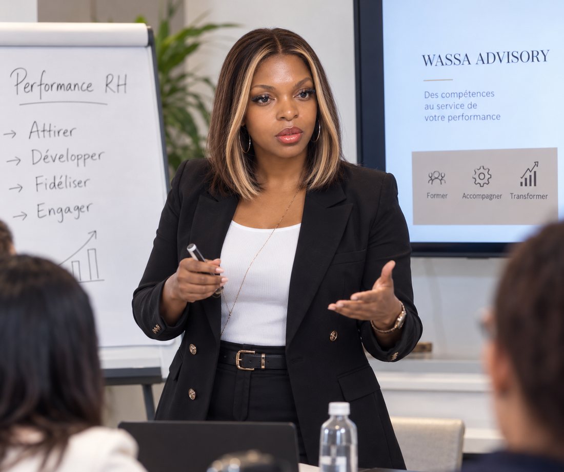 Nzuzi WASSA, fondatrice de WASSA Advisory — experte RH et SIRH — animant une session de formation sur la performance RH